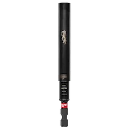 This image shows a Milwaukee brand power tool accessory, specifically a black shockwave impact driver bit holder. The holder features the Milwaukee logo in white and is designed to reduce breakage and wear. The bottom part has a red segment with the brand name.