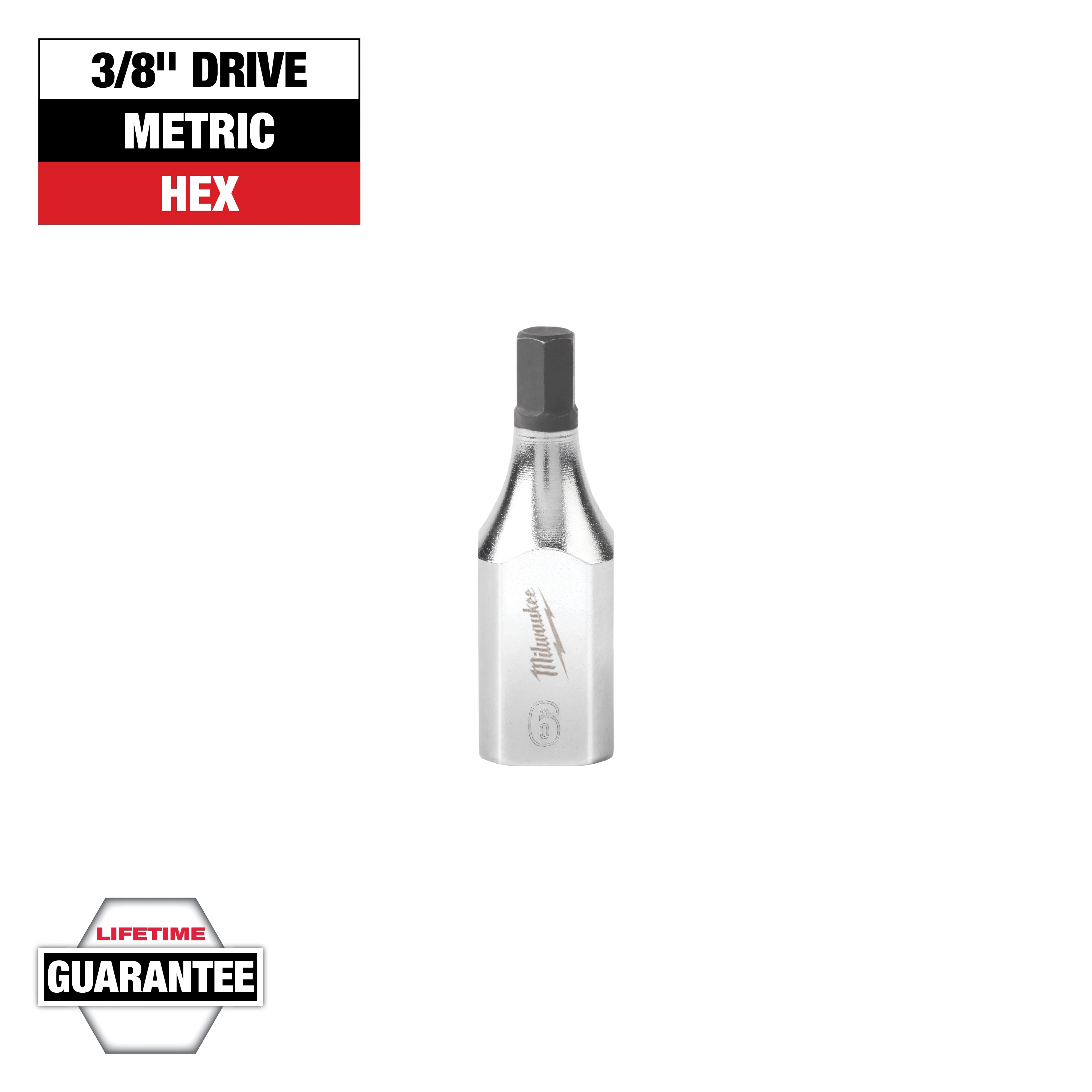 The image shows a Milwaukee 3/8" drive metric hex bit socket, with a chrome finish and engraved logo. A banner in the top left reads "3/8" Drive Metric Hex" and the bottom left has a label with "Lifetime Guarantee."