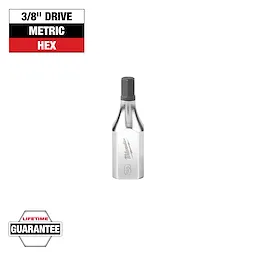 The image shows a Milwaukee 3/8" drive metric hex bit socket, with a chrome finish and engraved logo. A banner in the top left reads "3/8" Drive Metric Hex" and the bottom left has a label with "Lifetime Guarantee."