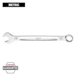 A Milwaukee 29 mm combination wrench with open and closed ends is shown. The text "METRIC" is displayed above, and "LIFETIME GUARANTEE" is labeled below.