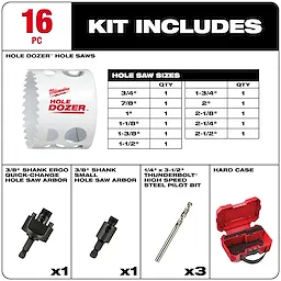 HOLE DOZER General-Purpose Hole Saw Kit includes 16 pieces: various hole saw sizes, quick-change and small arbors, pilot bits, and a hard case.