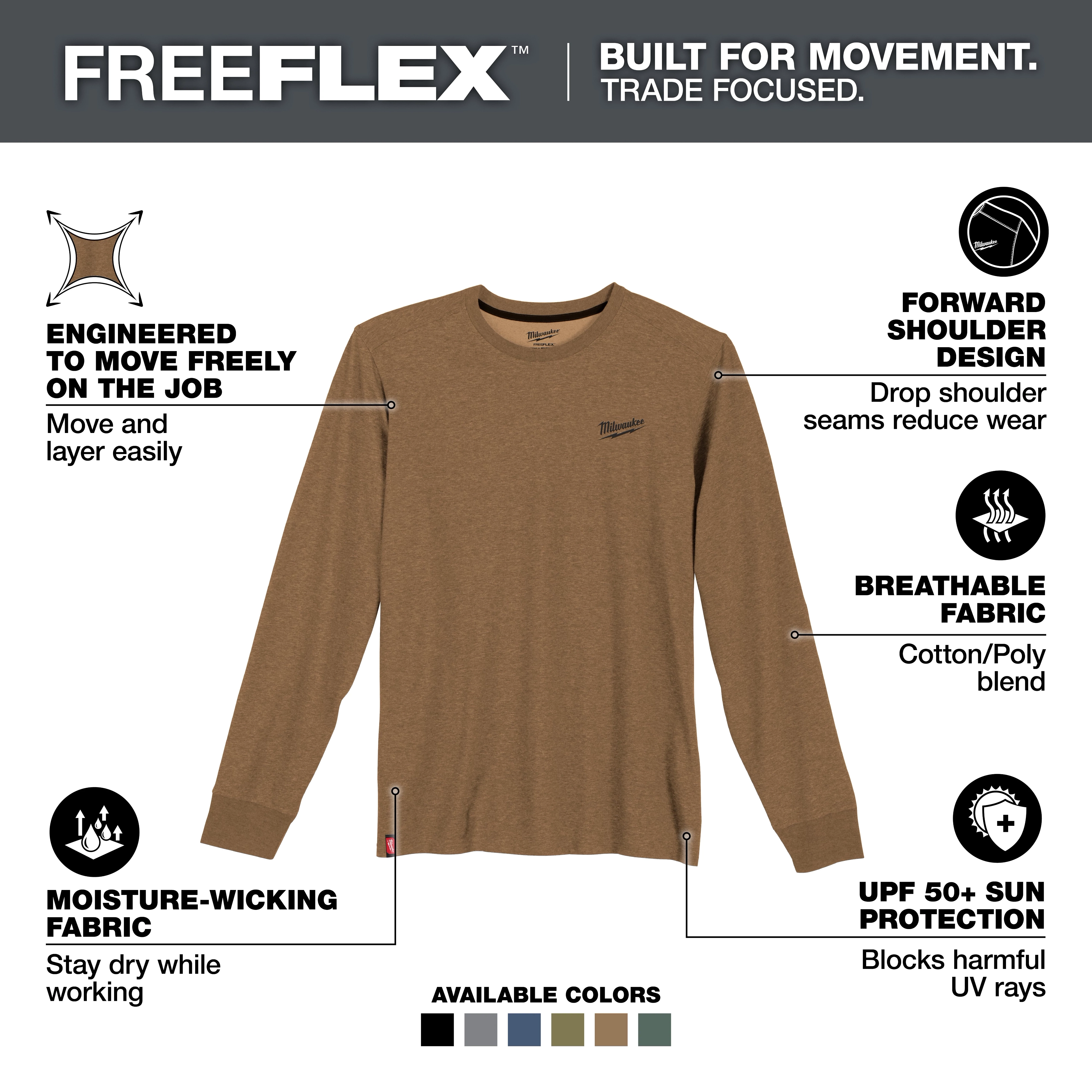 Brown FREEFLEX Hybrid Work Tee - Long Sleeve with moisture-wicking fabric, forward shoulder design, UPF 50+ sun protection, and breathable cotton/poly blend.