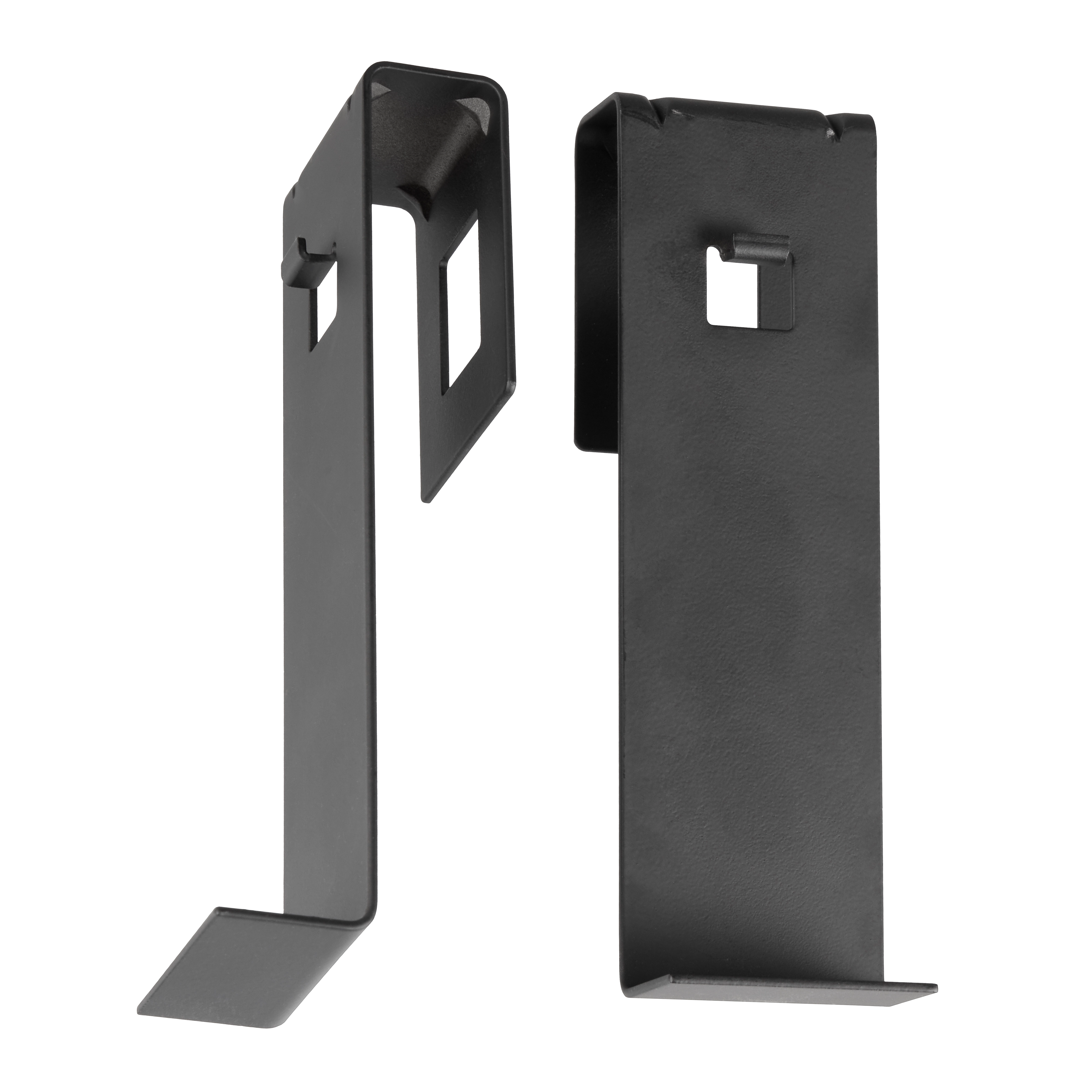 Two black metal clips with rectangular cutouts and small hooks are displayed against a white background. The clips have bent edges and appear designed for securing or mounting purposes. Each clip has a slightly different shape, but both have similar features.