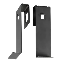 Two black metal clips with rectangular cutouts and small hooks are displayed against a white background. The clips have bent edges and appear designed for securing or mounting purposes. Each clip has a slightly different shape, but both have similar features.