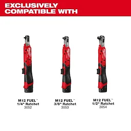 The M12 FUEL™ Ratchet Modular Trigger Cap Kit is exclusively compatible with M12 FUEL™ 1/4" Ratchet (3052), 3/8" Ratchet (3053), and 1/2" Ratchet (3054). The image displays three red and black ratchets, each slightly varying in size and labeled accordingly.