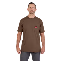 Heavy Duty Pocket T-Shirt in Brown features a chest pocket with a red label. It has short sleeves and a straight hem.