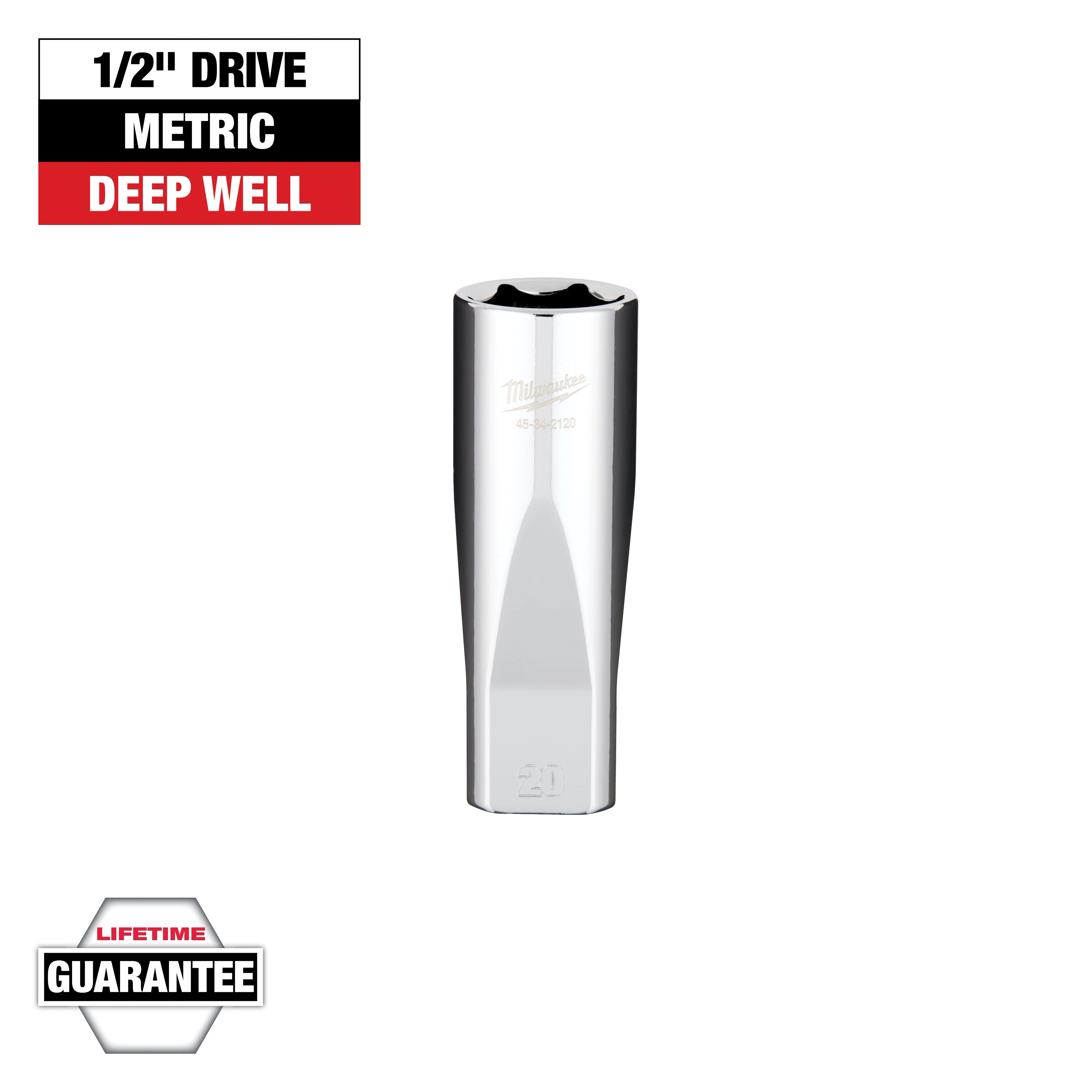 The image shows a Milwaukee 1/2" drive metric deep well socket. It has a reflective chrome finish and comes with a lifetime guarantee. Text above the socket states "1/2" Drive Metric Deep Well," and there's a "Lifetime Guarantee" label at the bottom left.