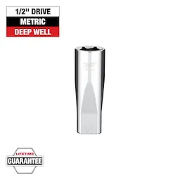 The image shows a Milwaukee 1/2" drive metric deep well socket. It has a reflective chrome finish and comes with a lifetime guarantee. Text above the socket states "1/2" Drive Metric Deep Well," and there's a "Lifetime Guarantee" label at the bottom left.