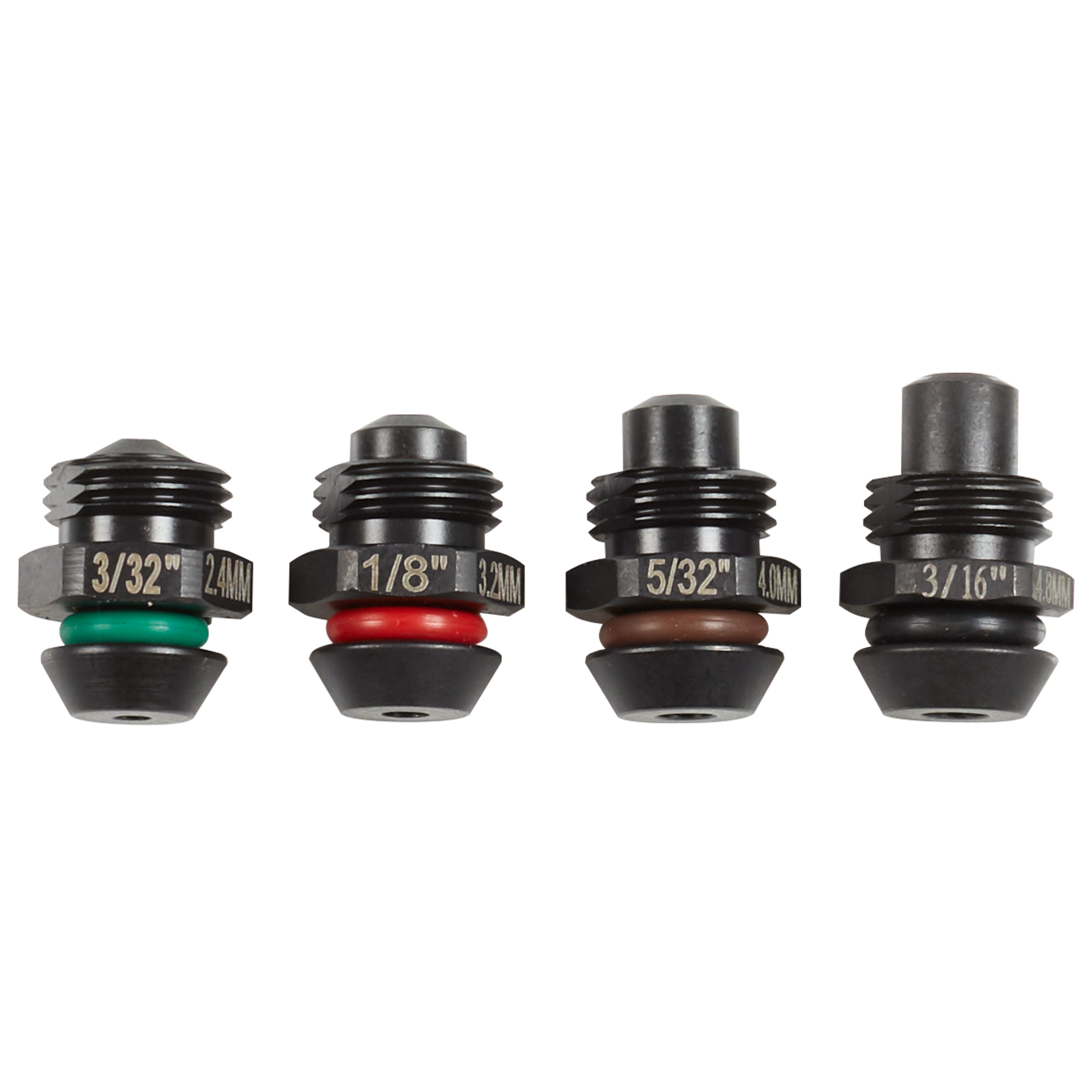 Four M12 Rivet Tool Retention Nose Pieces (4-Pack) in different sizes: 3/32", 1/8", 5/32", 3/16", each with color-coded rings.