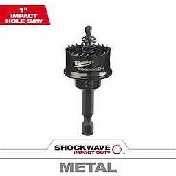 Milwaukee 1" Impact SHOCKWAVE Hole Saw for metal drilling with sturdy, black design and branded markings. Includes metal bit and hex shank.