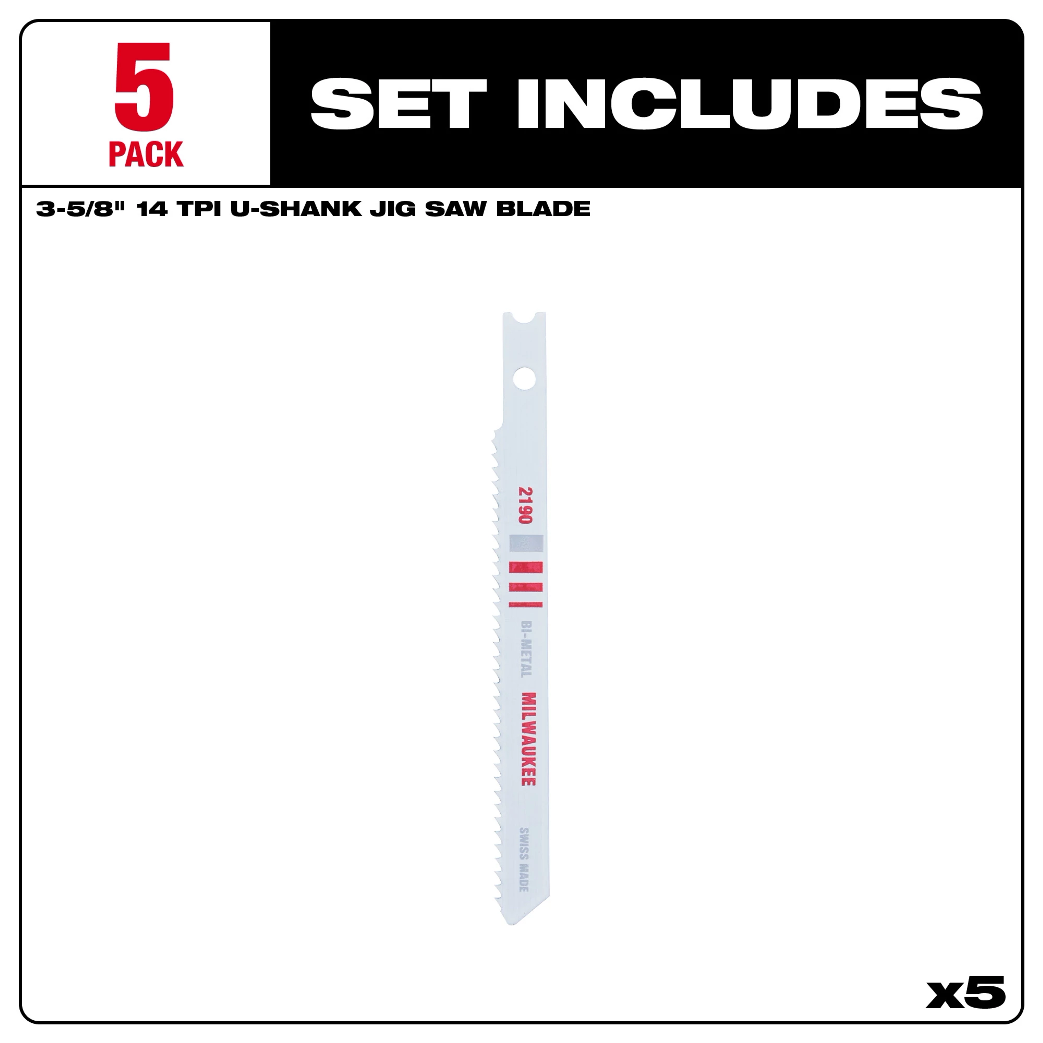 Package of 5 U-shank jig saw blades for metal cutting. Each blade is 3-5/8 inches, 14 TPI, bi-metal construction.