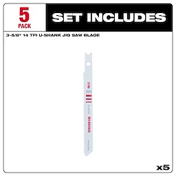 Package of 5 U-shank jig saw blades for metal cutting. Each blade is 3-5/8 inches, 14 TPI, bi-metal construction.