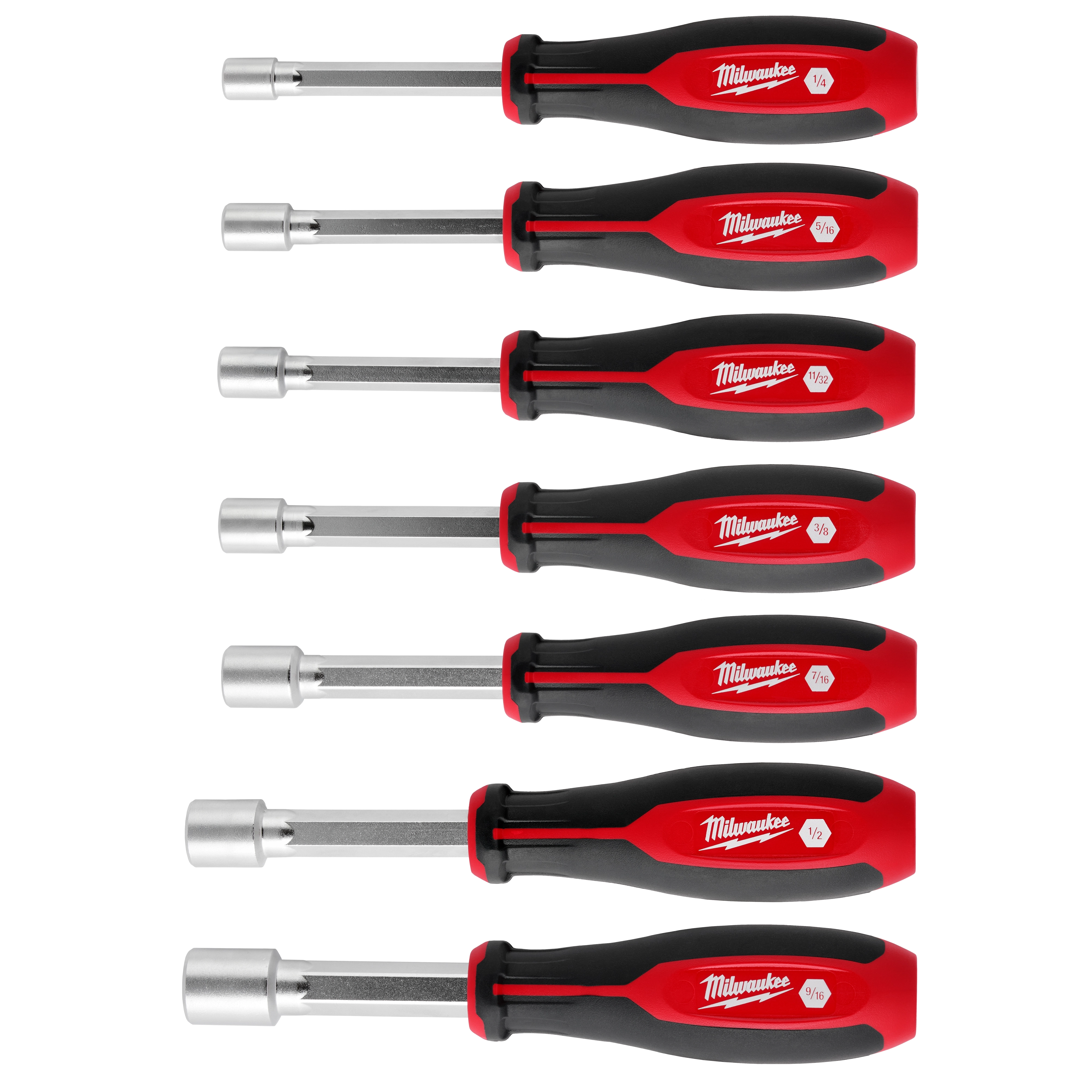 The image features the 7pc SAE HollowCore Nut Driver Set, consisting of seven nut drivers with red and black handles and various SAE sizes.