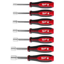 The image features the 7pc SAE HollowCore Nut Driver Set, consisting of seven nut drivers with red and black handles and various SAE sizes.