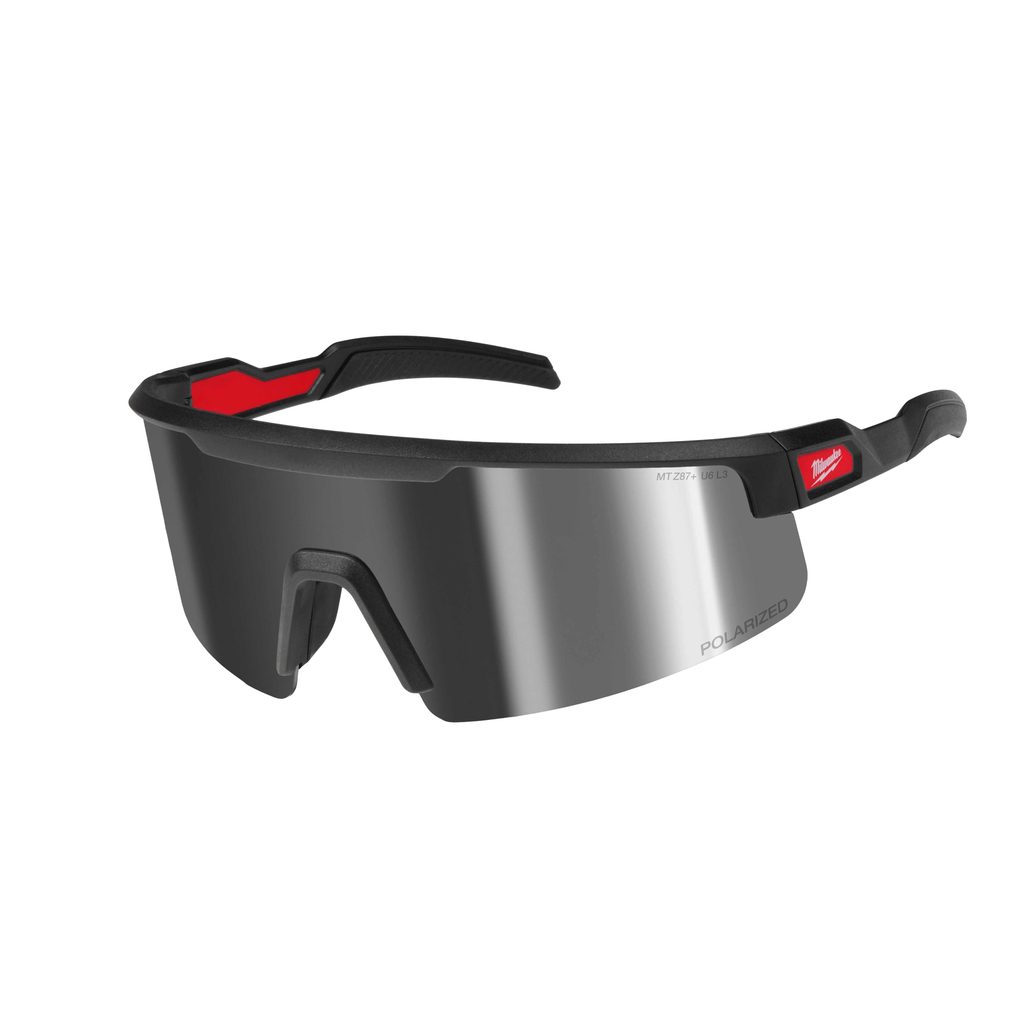 Polarized Wrap Around Safety Glasses feature mirrored dual coat lenses, a black frame with red accents, and a snug fit. Designed for outdoor use, they offer enhanced eye protection and glare reduction. Suitable for various activities requiring eye safety and visual clarity.