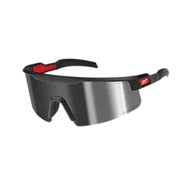 Polarized Wrap Around Safety Glasses feature mirrored dual coat lenses, a black frame with red accents, and a snug fit. Designed for outdoor use, they offer enhanced eye protection and glare reduction. Suitable for various activities requiring eye safety and visual clarity.