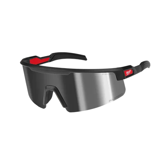 Polarized Wrap Around Safety Glasses feature mirrored dual coat lenses, a black frame with red accents, and a snug fit. Designed for outdoor use, they offer enhanced eye protection and glare reduction. Suitable for various activities requiring eye safety and visual clarity.