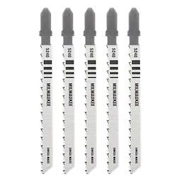 Five 4" 10TPI T-Shank Wood High Carbon Steel Jig Saw Blades, side by side, with the word "Milwaukee" on each blade.
