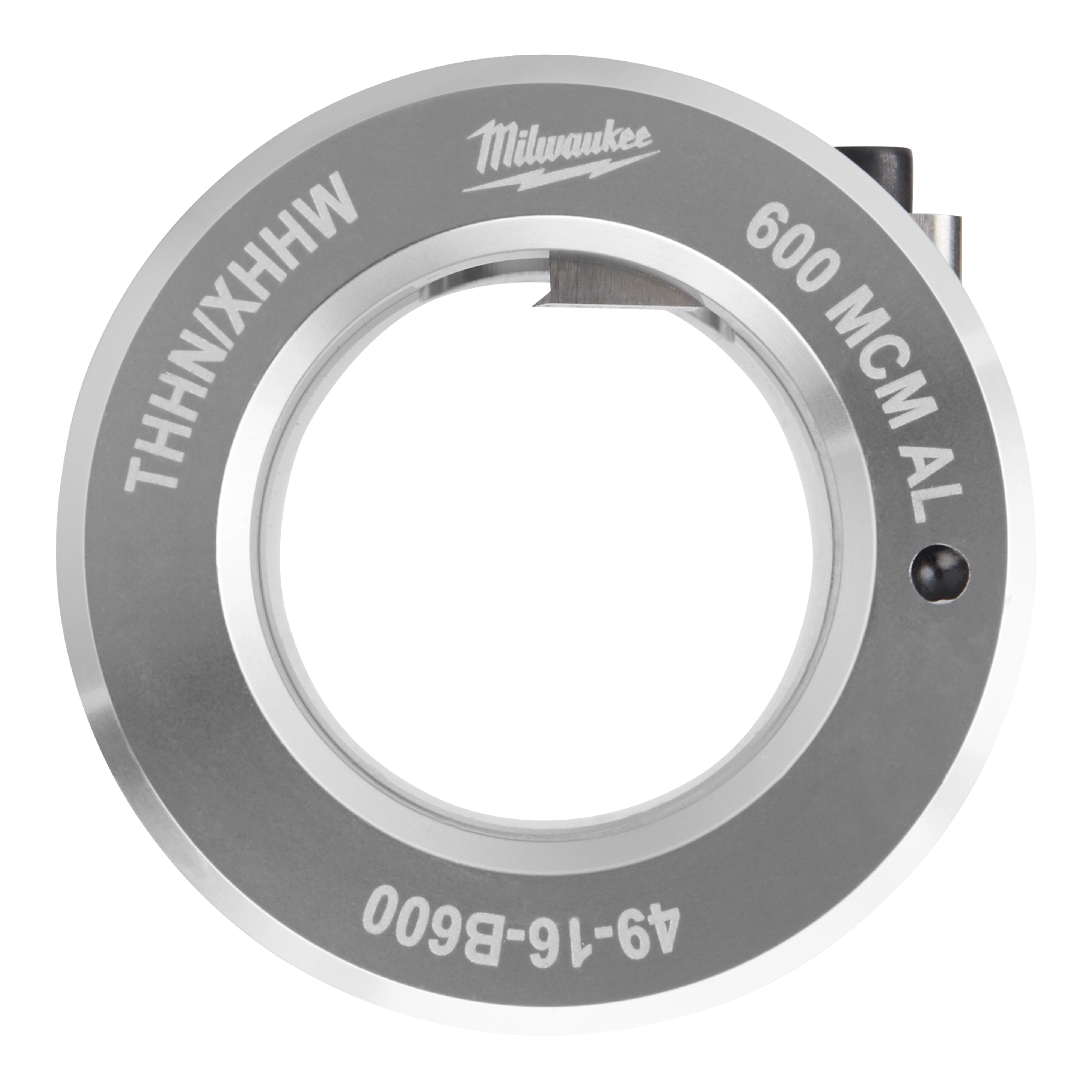 Milwaukee 600 MCM AL cable cutting blade with serial 49-16-B600 for THHN/XHHW cables. Circular, silver blade with engraved labels.