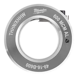 Milwaukee 600 MCM AL cable cutting blade with serial 49-16-B600 for THHN/XHHW cables. Circular, silver blade with engraved labels.