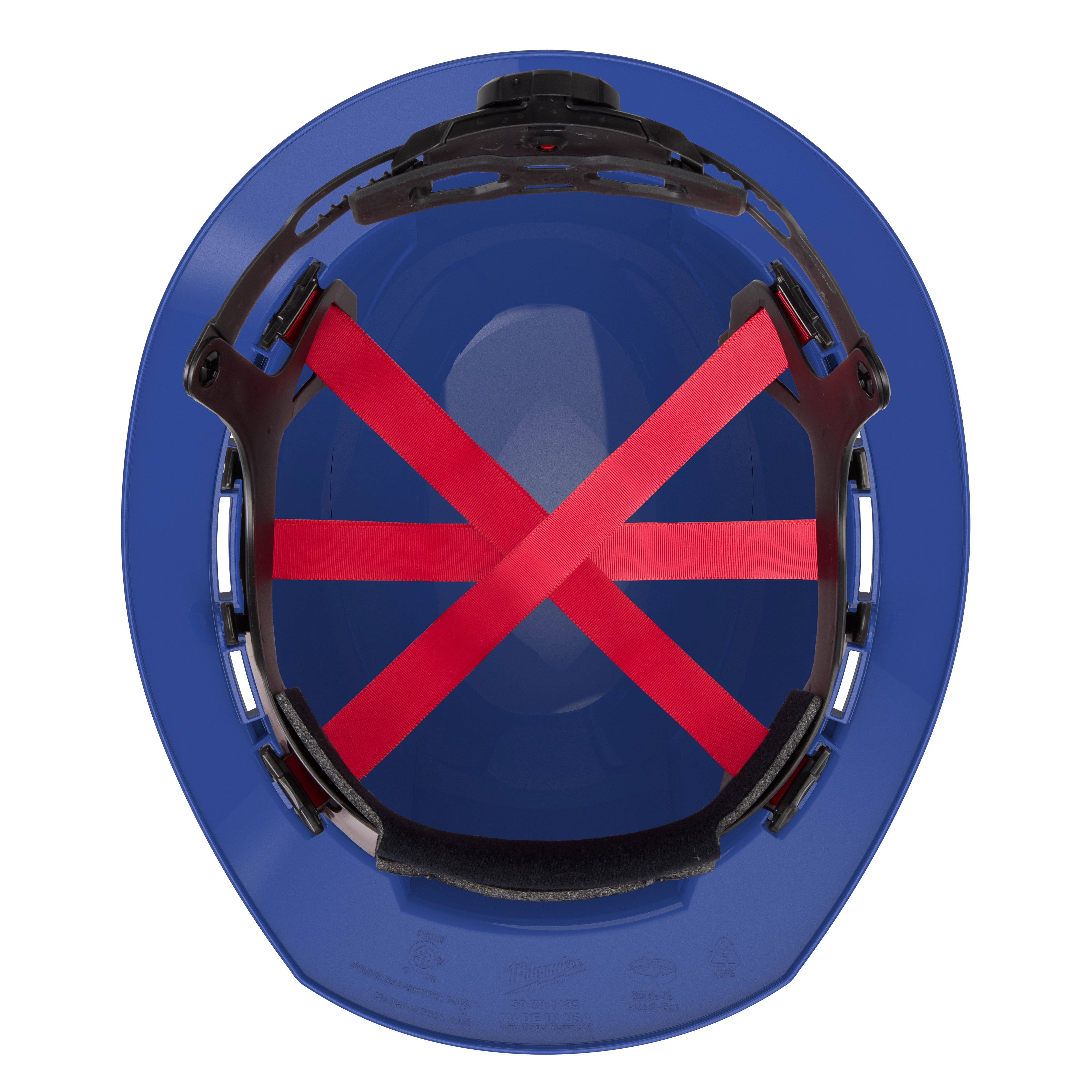 The BOLT Blue Full Brim Hard Hat with a 6-point Ratcheting Suspension (USA) - Type 1, Class E features a blue exterior and a six-point red suspension system inside for improved comfort and security.