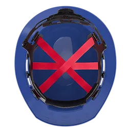 The BOLT Blue Full Brim Hard Hat with a 6-point Ratcheting Suspension (USA) - Type 1, Class E features a blue exterior and a six-point red suspension system inside for improved comfort and security.