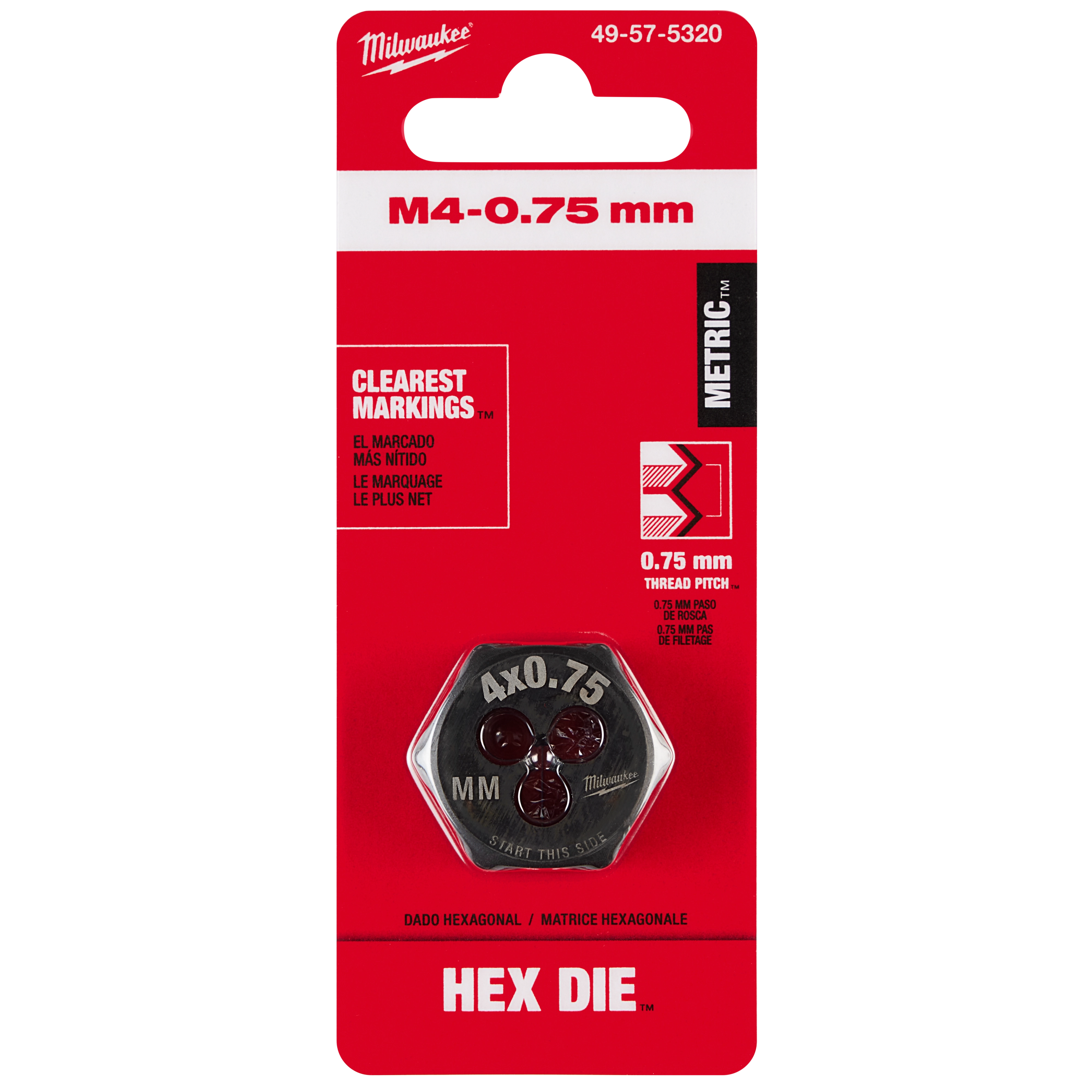 M4-0.75 mm 1-Inch Hex Threading Die in packaging with red and black branding, featuring clearest markings.