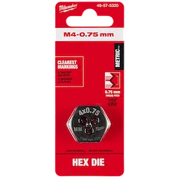 M4-0.75 mm 1-Inch Hex Threading Die in packaging with red and black branding, featuring clearest markings.
