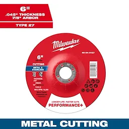 Performance+ Metal Cut Off Wheel Type 27, 6" x .045" x 7/8", for cutting metal and stainless steel, red with product details.