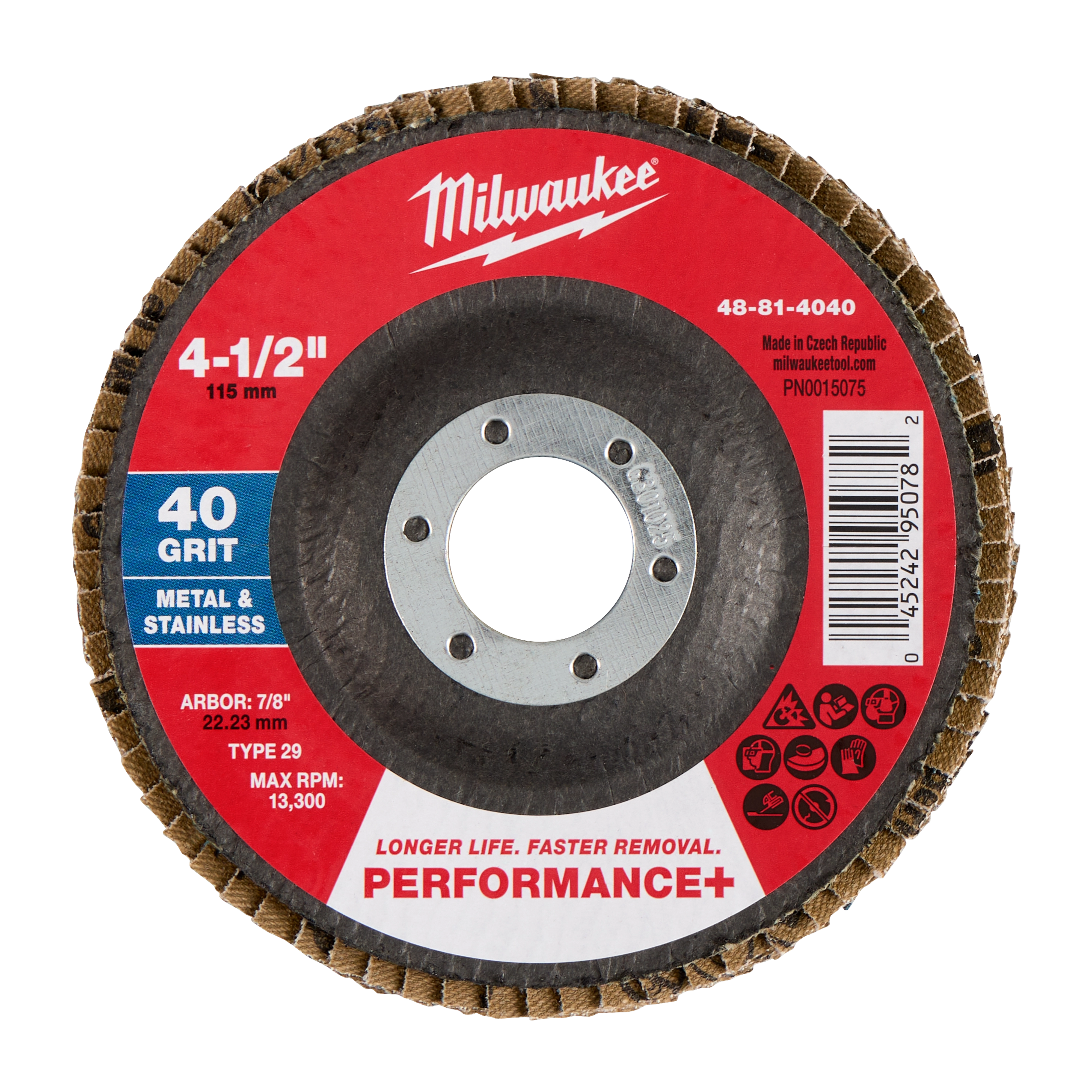 4-1/2" x 7/8" 40 Grit Performance+ Flap Disc - Type 29 with central mounting hole and labeled grit and metal use.