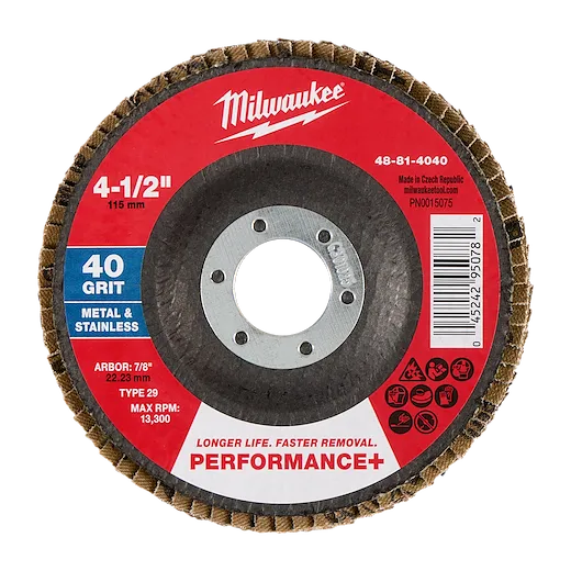 4-1/2" x 7/8" 40 Grit Performance+ Flap Disc - Type 29 with central mounting hole and labeled grit and metal use.