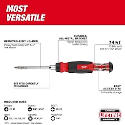 2pc 14-in-1 Ratcheting Multi-Bit and 8-in-1 Ratcheting Compact Multi-bit Screwdriver Set features durable construction and in-handle storage.