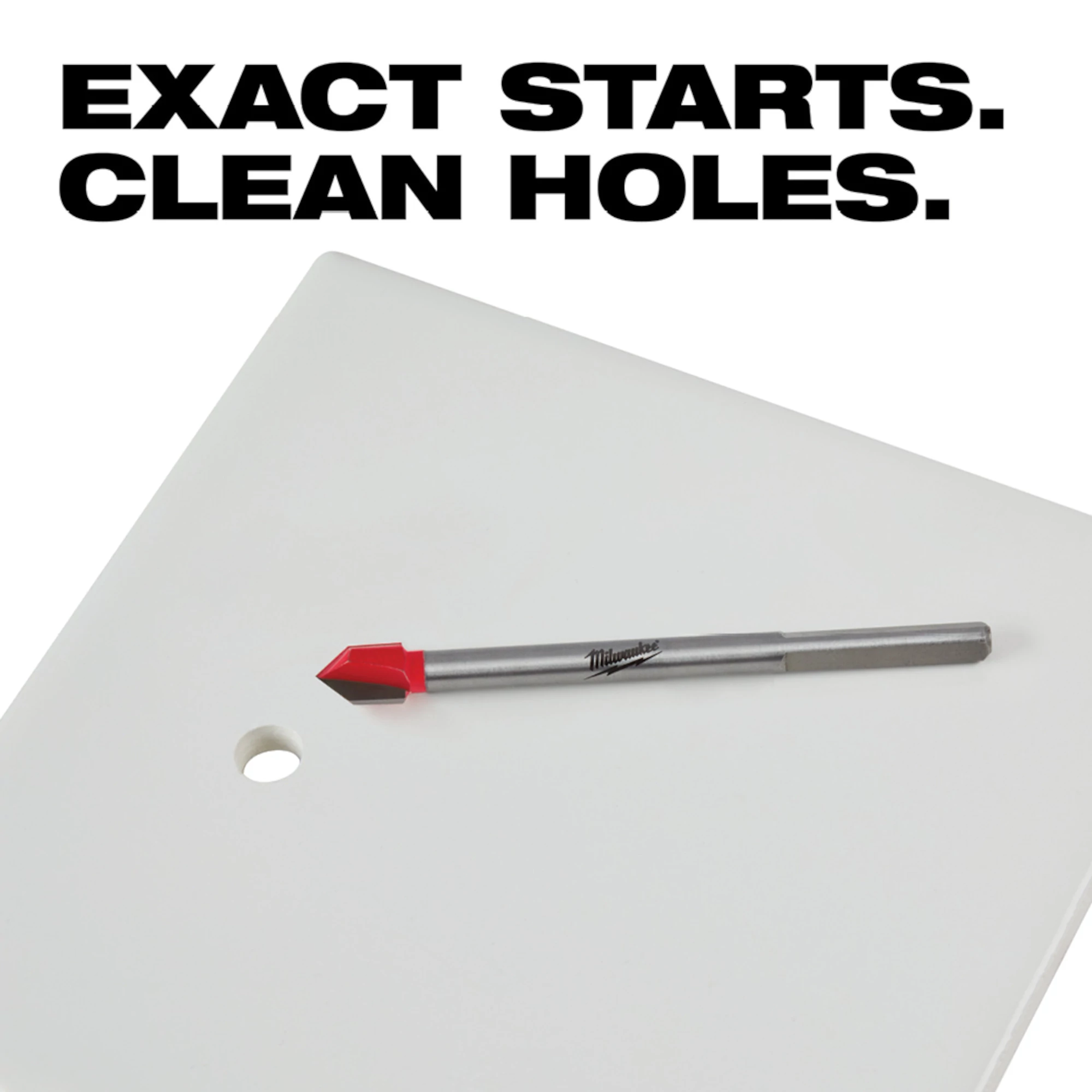 Glass and Tile Drill Bits USP with a red tip on a white tile with a clean drilled hole, and text "Exact starts. Clean holes."