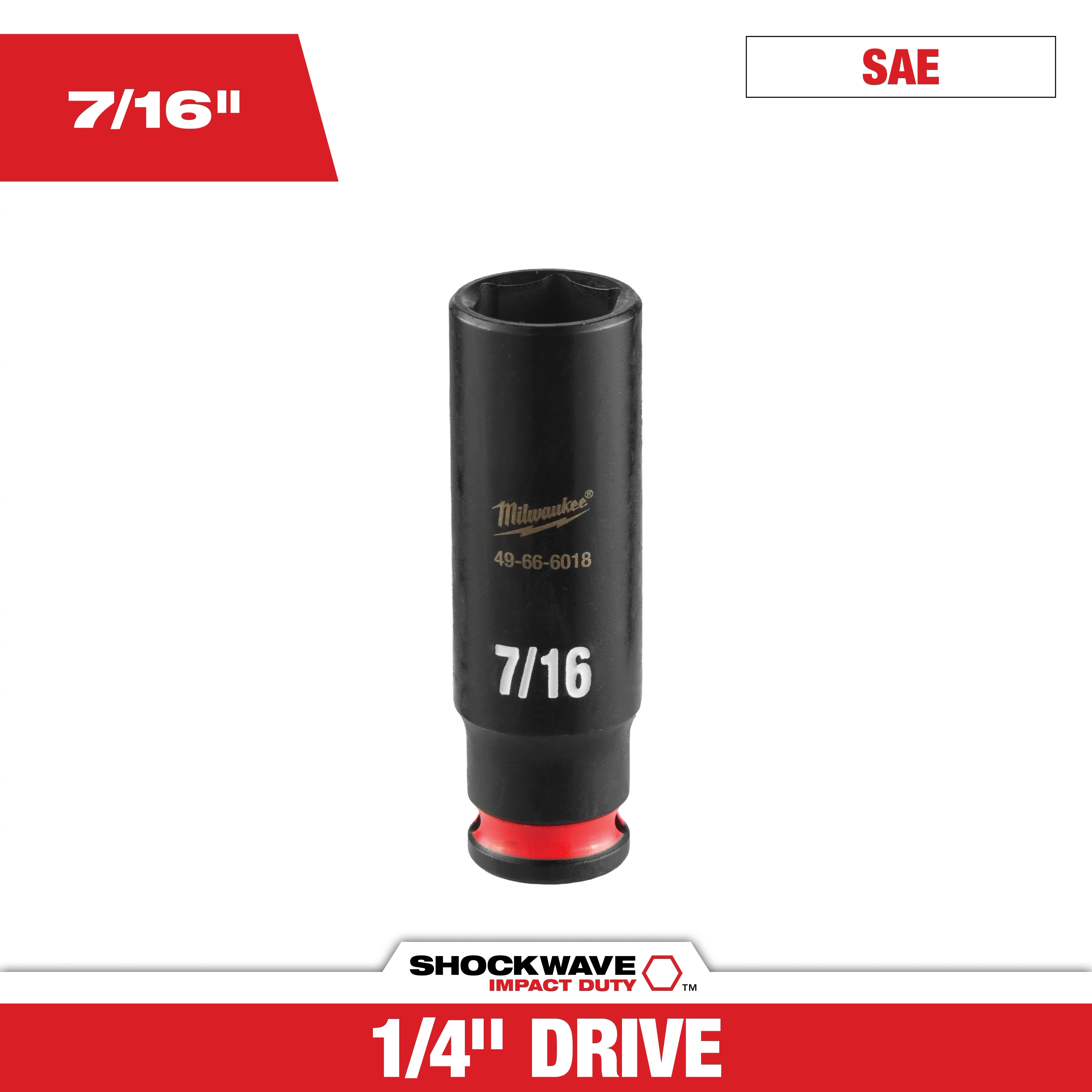 SHOCKWAVE Impact Duty 1/4" Drive 7/16" Deep 6 Point Socket standing upright on a white background.