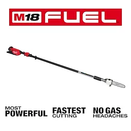Image of an M18 FUEL™ Telescoping Pole Saw on a white background. The saw is long with a black pole and a cutting blade at the end. Text reads "MOST POWERFUL," "FASTEST CUTTING," and "NO GAS HEADACHES."