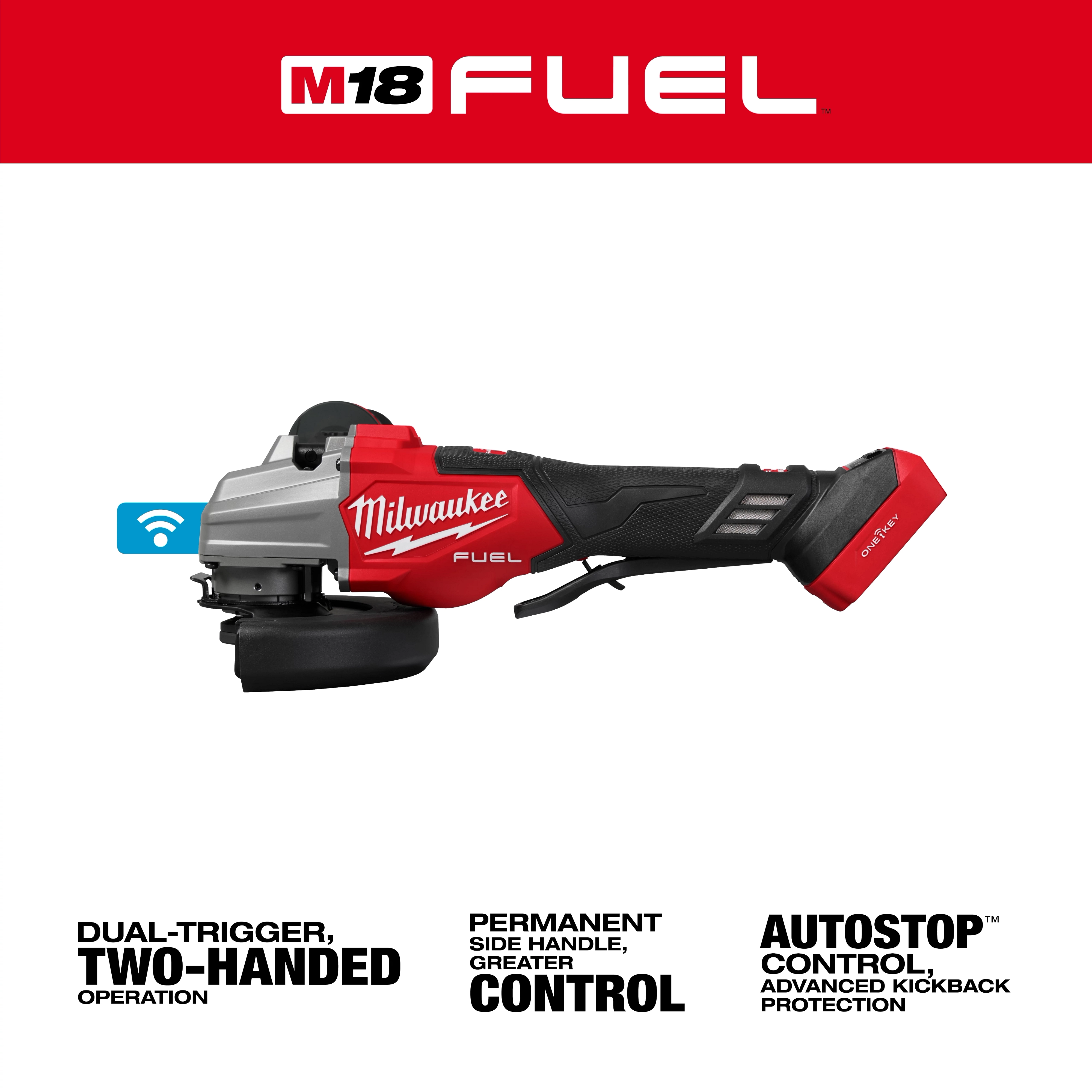 Milwaukee M18 FUEL™ 4 1/2" - 6" Dual Trigger Braking Grinder, Paddle Switch with ONE-KEY™. The grinder features dual-trigger, two-handed operation, permanent side handle, and AUTOSTOP™ control for advanced kickback protection.