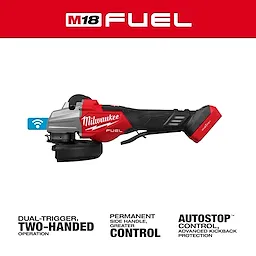 Milwaukee M18 FUEL™ 4 1/2" - 6" Dual Trigger Braking Grinder, Paddle Switch with ONE-KEY™. The grinder features dual-trigger, two-handed operation, permanent side handle, and AUTOSTOP™ control for advanced kickback protection.