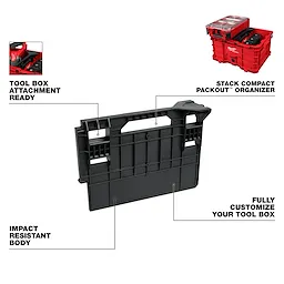 Divider for PACKOUT Crate is a black, impact-resistant plastic divider, shown alongside tool box attachment points and customizable options.