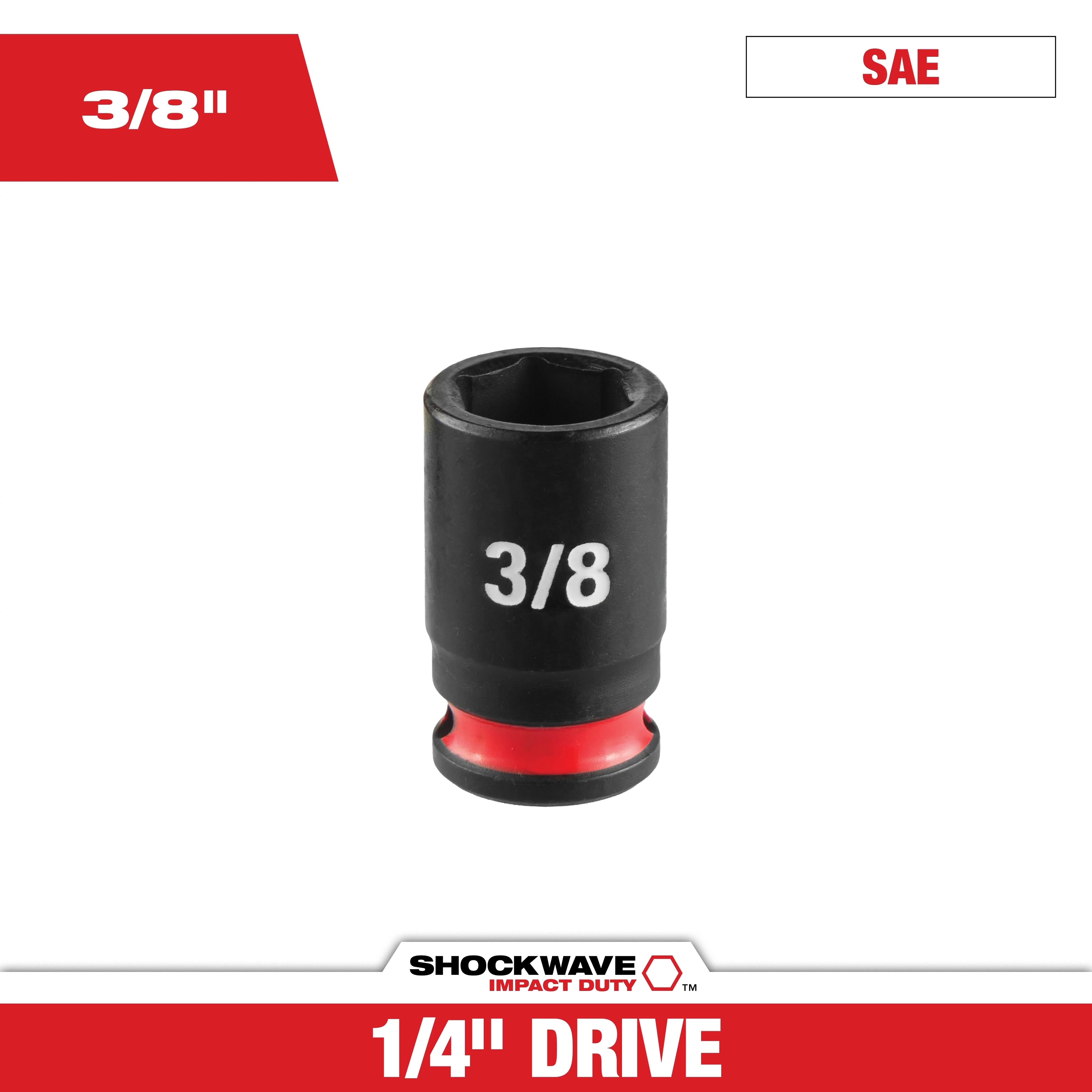 SHOCKWAVE Impact Duty 1/4" Drive 3/8" Standard 6 Point Socket standing upright with 3/8 marking and red band.
