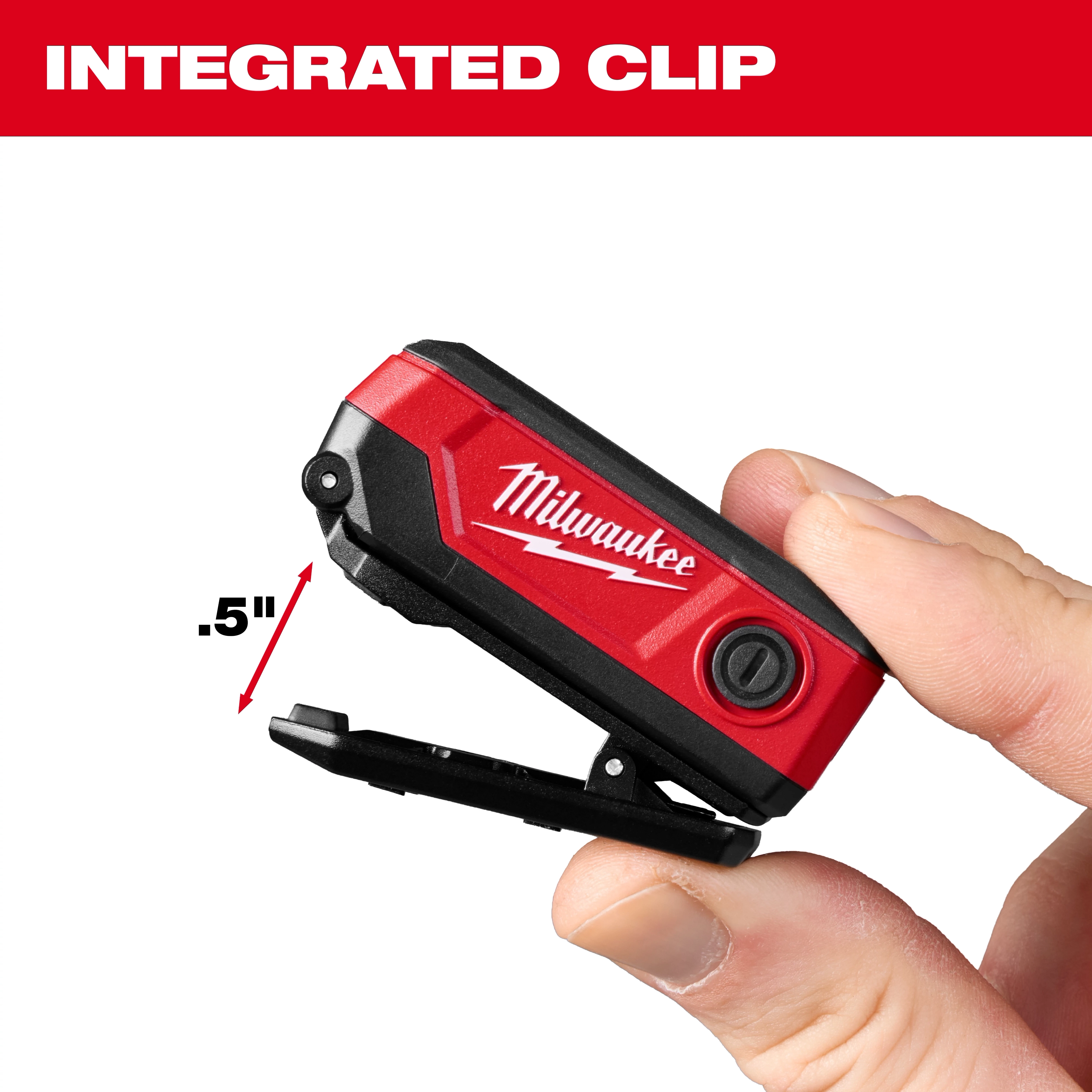 Hand holding a compact red Milwaukee tool with an integrated clip extended to .5 inches.