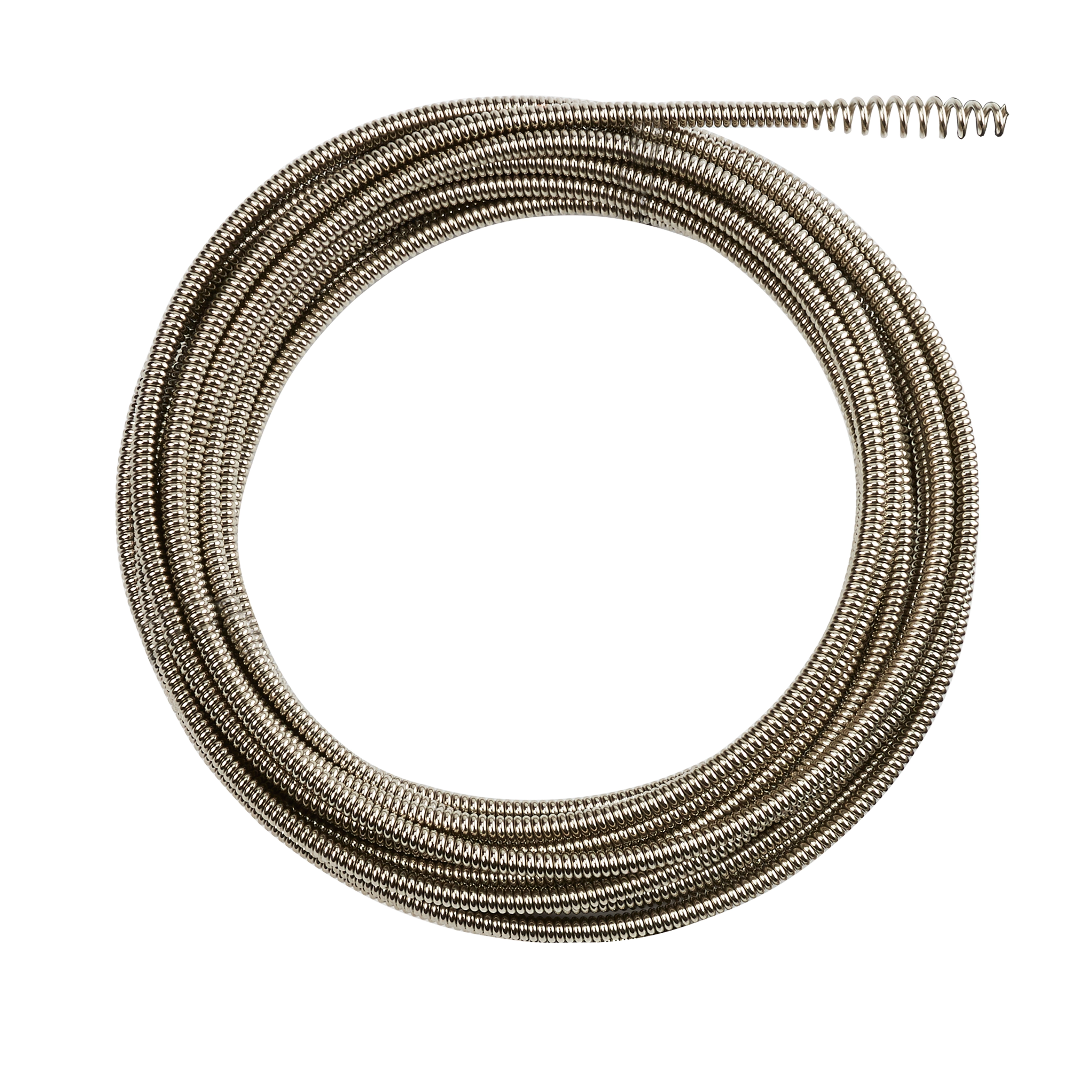 A coiled, metallic 1/4" x 35' drain cable designed for plumbing purposes, shown in a circular arrangement against a white background.