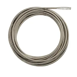 A coiled, metallic 1/4" x 35' drain cable designed for plumbing purposes, shown in a circular arrangement against a white background.