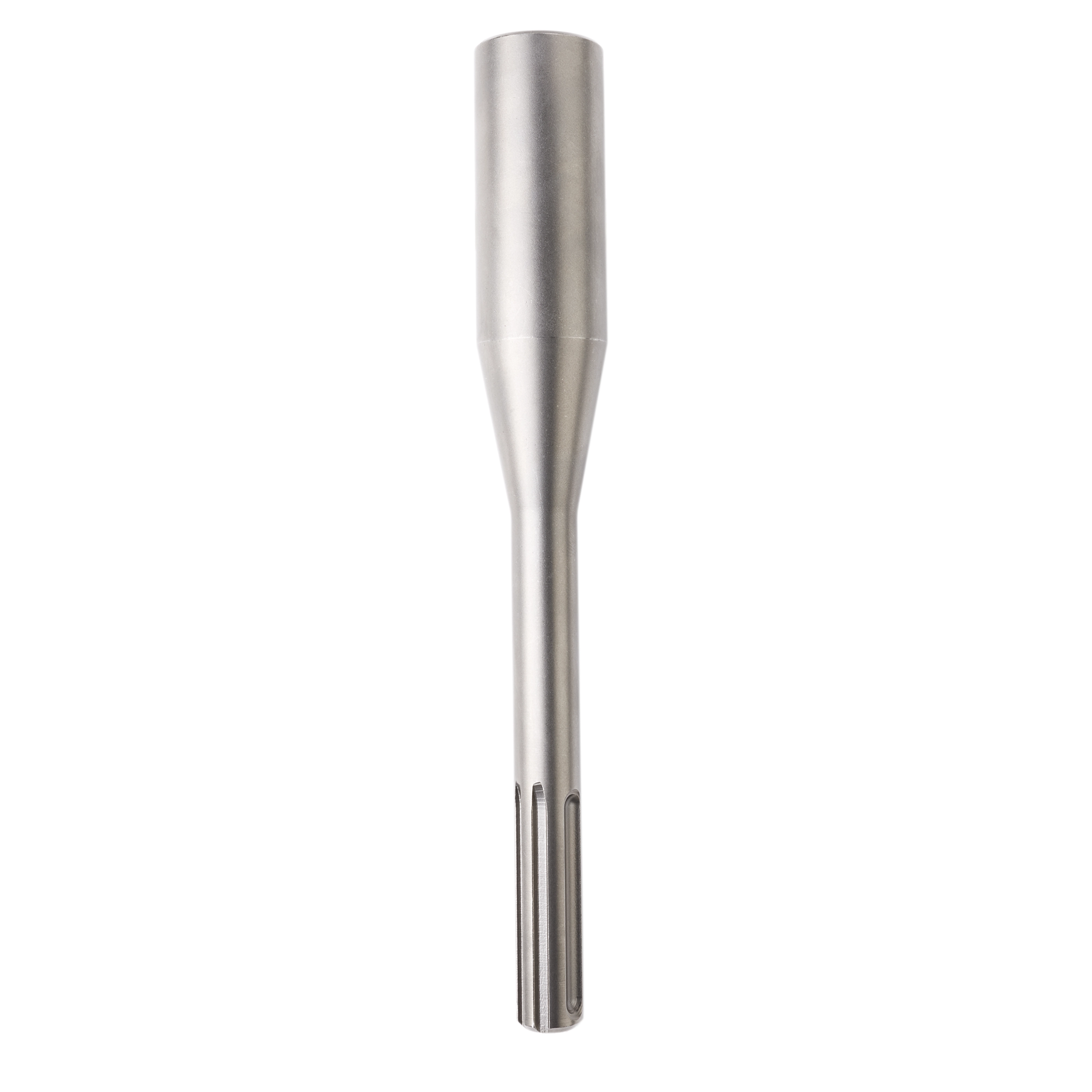 SDSMAX GROUND ROD DRIVER is a silver, steel tool with a cylindrical design, used for driving ground rods into various surfaces.