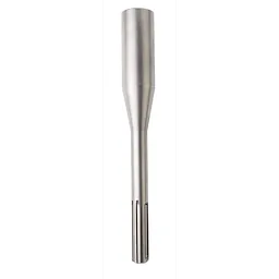 SDSMAX GROUND ROD DRIVER is a silver, steel tool with a cylindrical design, used for driving ground rods into various surfaces.
