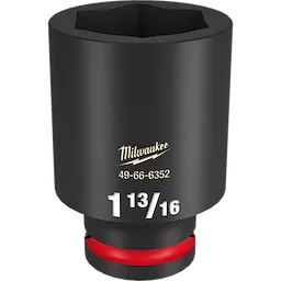 The 3/4 DR 1-13/16 DEEP IMPACT SOCKET is a black, heavy-duty socket with a red ring near its base. It features the Milwaukee logo and product number 49-66-6352 on its side, along with the size marking 1-13/16 in large white text.