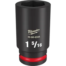 The 3/4 DR 1-5/16 Deep Impact Socket is black with white and yellow markings, showing the brand name, model number 49-66-6344, and size 1-5/16. The socket has a hexagonal opening and a red ring near the base.