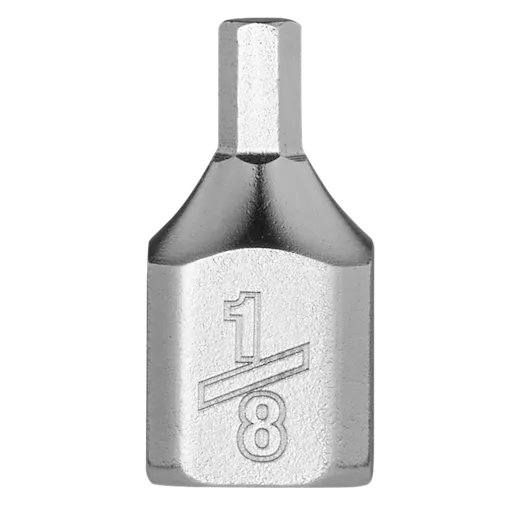 1/4" Drive 1/8" Low-Profile Hex Bit Socket made of polished metal with a hexagon-shaped bit and the size marking "1/8" engraved on the sides.