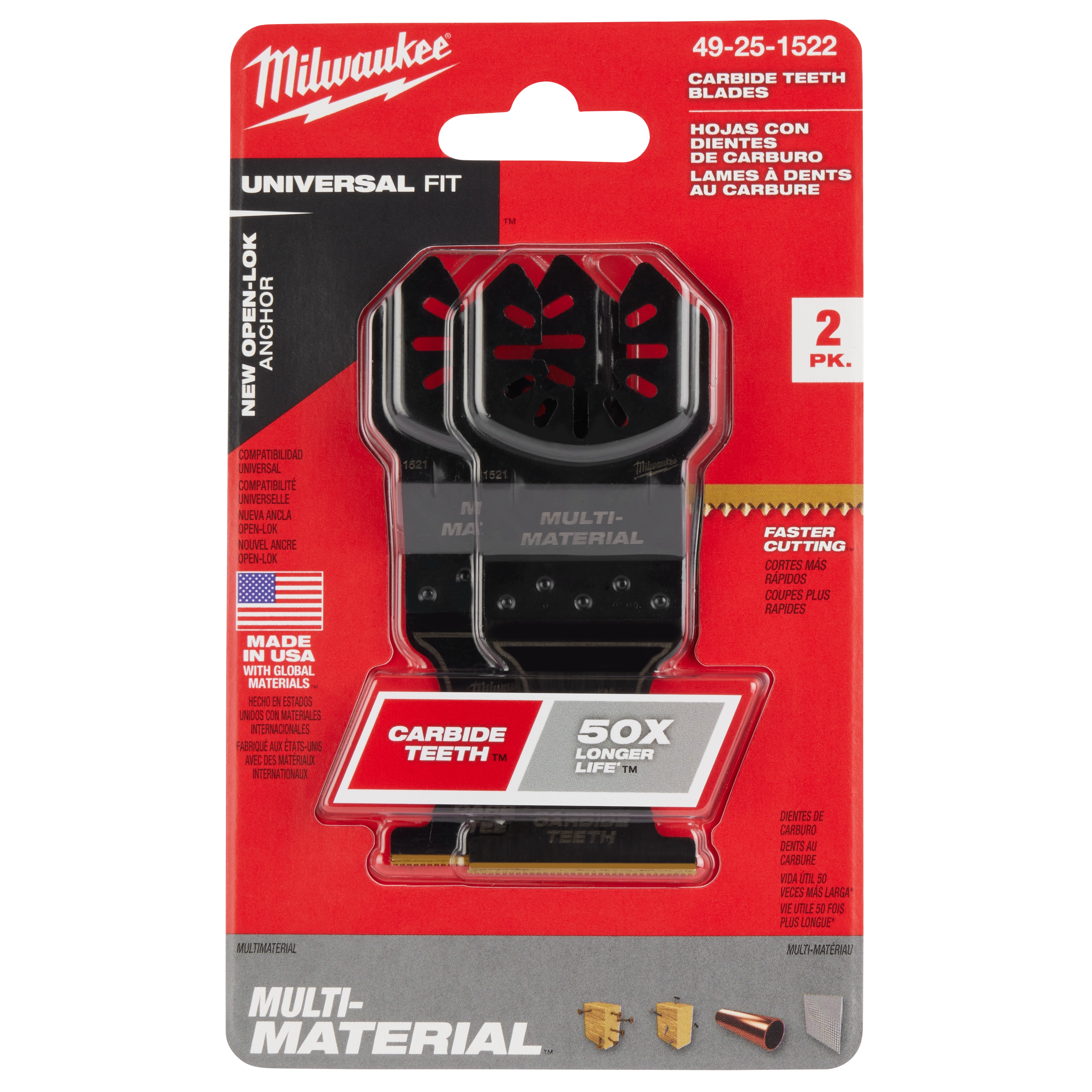 The Milwaukee Open-Lok 1-3/8" Carbide Teeth Multi-Material Multi-Tool Blade 2PK is displayed in red packaging.