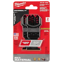 The Milwaukee Open-Lok 1-3/8" Carbide Teeth Multi-Material Multi-Tool Blade 2PK is displayed in red packaging.