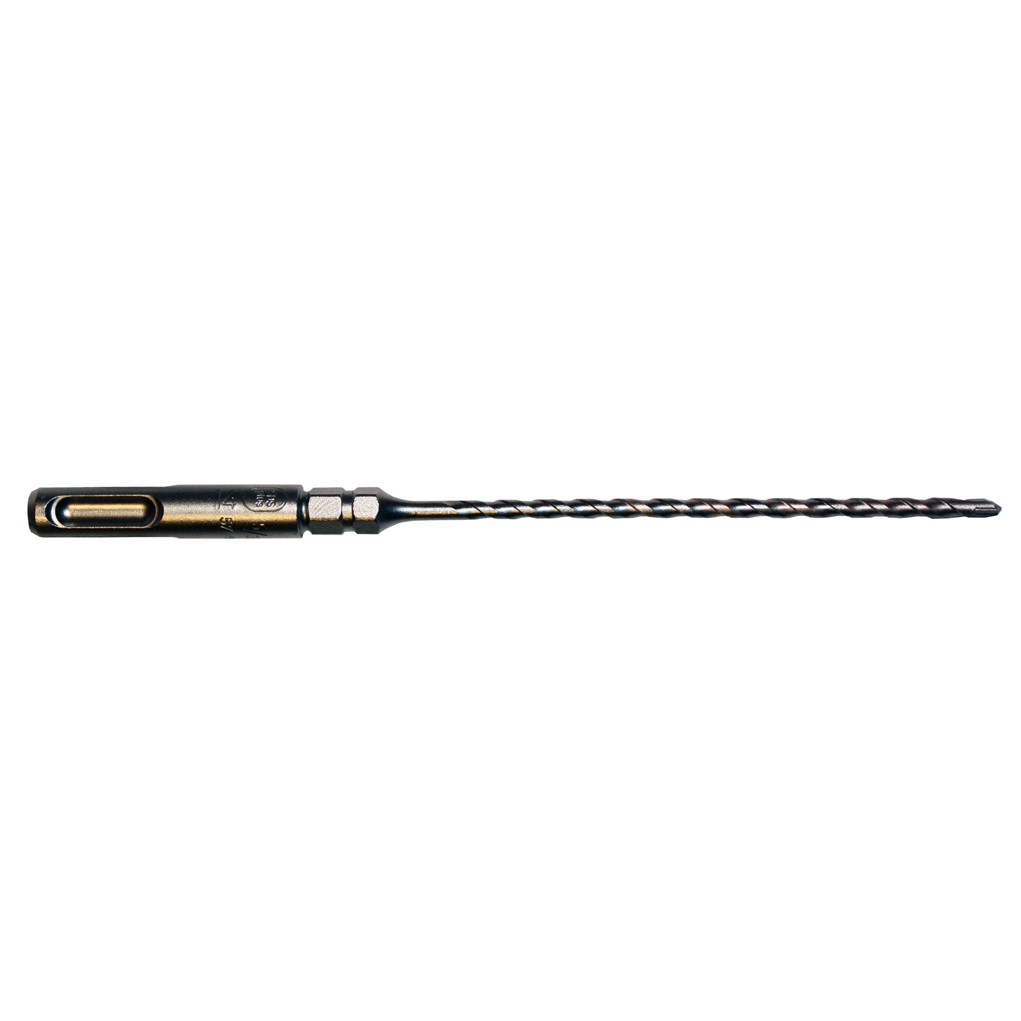 SDS PLUS 2-Cutter Drill Bits with Hex Shoulder is a cylindrical metallic drill bit with a grooved, helical drill end and hexagonal base, designed for efficient drilling in tough materials.